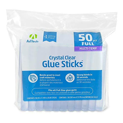AdTech Crystal Clear Hot Glue Gun Sticks (W220-14ZIP50) – Full Size Hot Glue Sticks. All-purpose glue sticks for crafting, scrapbooking & more. 50 pieces. Length: 4” Diameter: .44”.