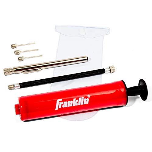 Franklin Sports Ball Pump Kit -7.4' - Perfect for Basketballs, Soccer Balls and More - Complete Hand Pump Kit with Needles, Flexible Hose, Air Pressure Gauge and Carry Bag,Red