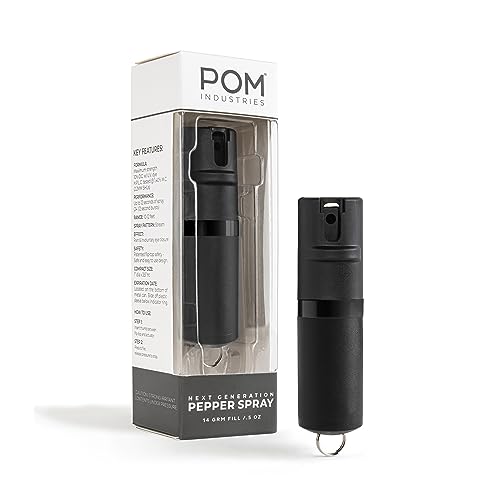 POM Pepper Spray Black Flip Top Keychain - Maximum Strength OC Spray Self Defense - Tactical Compact & Safe Design - Quick Key Release - 25 Bursts & 10 ft Range - Accurate Stream Pattern