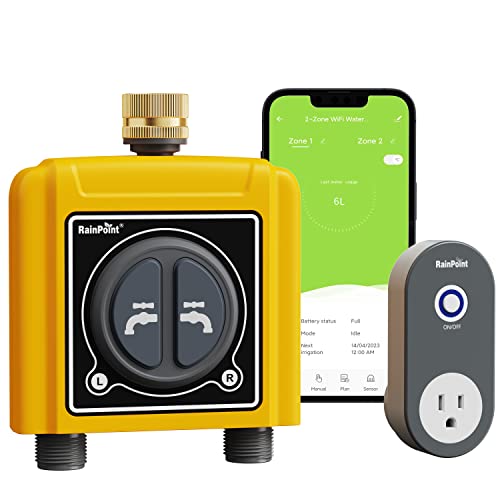 RAINPOINT Sprinkler Timer WiFi Water Timer with Brass Inlet, 2 Outlets Smart Hose Timer,Automatic Irrigation System Controller, APP & Voice Control, Irrigation by Weather/Quantity/Soil Moisture