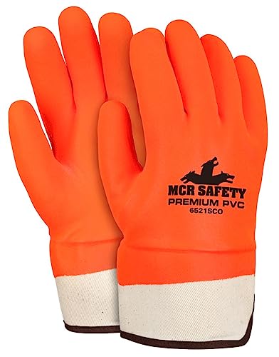 MCR Safety 6521SCO Double Dipped PVC Foam Lined Sandy Finish Men's Gloves with Rubberized Safety Cuff, Orange, Large, 1-Pair