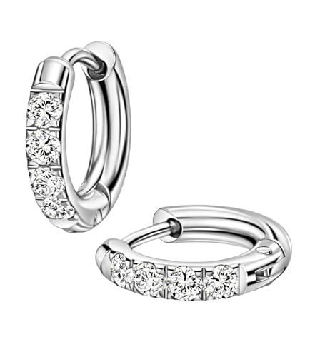 Silver Earrings Cubic Zirconia Small Hoops Stainless Steel Huggie Earrings Stainless Steel Huggie Hoop Earrings for Women Huggie Earrings 8mm Piercing Earrings Stainless Steel Small Hoops for Women