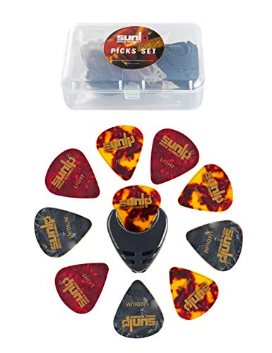 Premium Guitar Picks 24pcs Thin Medium Heavy Gauge Variety Pack with Picks Holder Plastic Picks Box SUNLP Celluloid Guitar Picks for Acoustic Classical Electric Guitar Bass 0.46mm & 0.71mm & 0.96mm