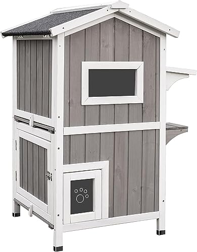 PetsCosset Outdoor Cat Shelter Weatherproof, Two Story Wooden Outside Feral Cat House with Openable Roof, Escape Door