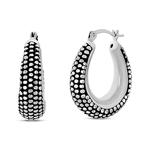 Willowbird Oxidized Sterling Silver Beaded Texture Oval Black Hoop Earrings for Women