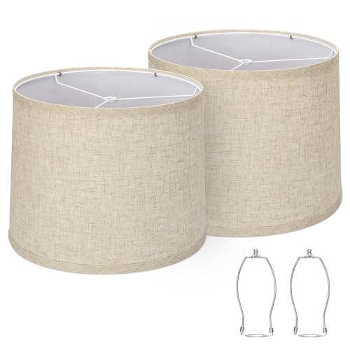 Lampshades Set of 2, Drum Lampshades 11.6' Top x 12.6' Bottom x 9.8' High, Seaside village Medium Lampshades (Spider Fitter), Beige Lampshades Natural Linen Hand Crafted, Easy Assembly Required