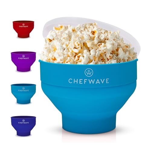 Chefwave Silicone Popcorn Popper (Blue) - Reusable, Collapsible Microwave Popcorn Bowl - Dishwasher Safe