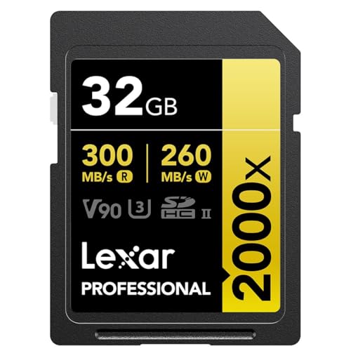 Lexar 32GB Professional 2000x SDHC Memory Card, UHS-II, C10, U3, V90, Full-HD & 8K Video, Up to 300MB/s Read, for DSLR, Cinema-Quality Video Cameras (LSD2000032G-BNNNU)