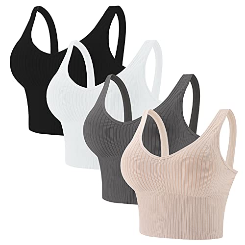 Eleplus 4 Pieces Comfy Cami Bra for women Crop Top Yoga Bralette Longline Padded Lounge Bra Pack of 4(mix2, L-XL)