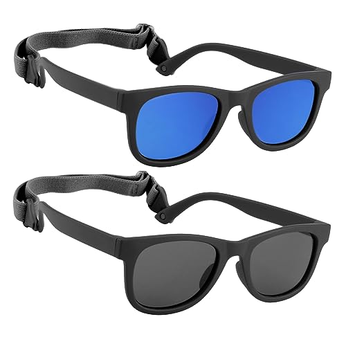 HXS 2-Pack Polarized Toddler Sunglasses with Strap for 2-4 Year Olds,Black & Blue