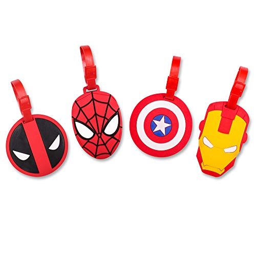 Finex 4 Pcs Set Comic Superhero Head Spiderman Deadpool Ironman Silicone Travel Luggage Baggage Identification Labels ID Tag for Bag Suitcase Plane Cruise Ships with Belt Strap
