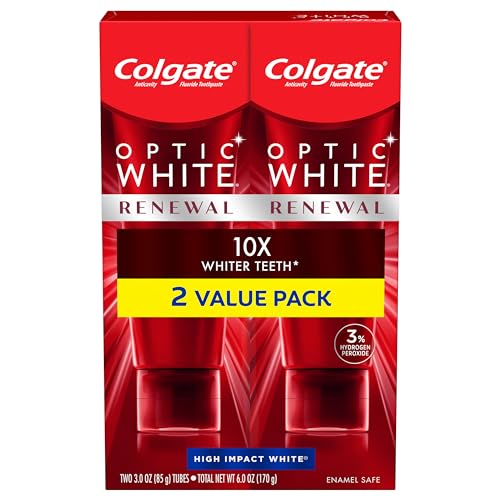 Colgate Optic White Renewal Teeth Whitening Toothpaste with Fluoride, 3% Hydrogen Peroxide, High Impact White, Mint - 3 Ounce (2 Pack)