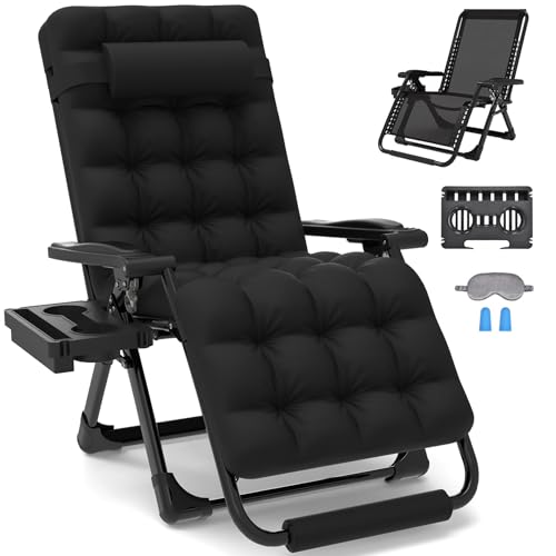 Slendor Zero Gravity Chairs, Padded Zero Gravity Recliner, Reclining Lounge Chair for Indoor Outdoor, Folding Lawn Patio Chair with Aluminum Alloy Lock, Foot Rest, Cup Holder, Black