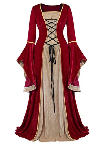 Kranchungel Medieval Renaissance Dress Women Irish Overdress Fairy Costume Cosplay Ball Gown Wine Red 3X-Large
