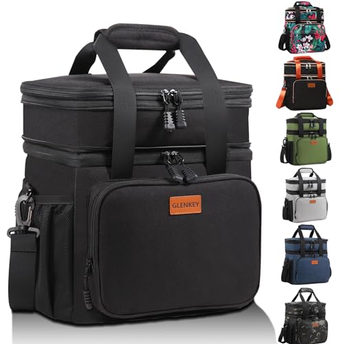 GLENKEY Expandable Insulated Large Lunch Box, Double Deck Heavy Duty Durable Lunch Bag Leakproof Cooler Bags for Men Women Adults Work Shift Flight Beach Daytrip, 20 Can, Black