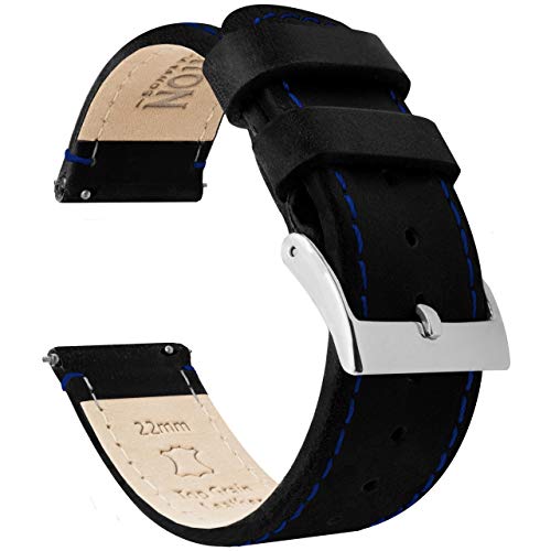 BARTON WATCH BANDS 20mm Black/Blue Stitching Quick Release Top Grain Leather Watch Band Strap