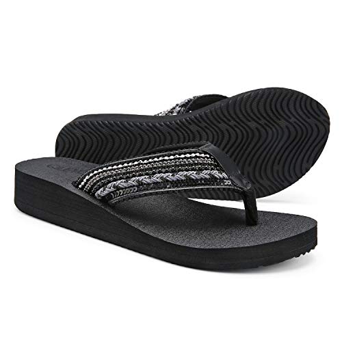 QLEYO Ladies Comfort Platform Walking Flip Flops, Casual Wedge Thong Slippers with Best Arch Support, Yoga Mat Foam Flip Flops with Non Slip Sole Size 8
