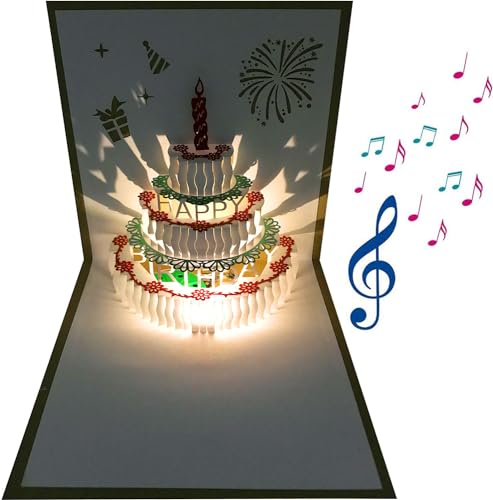 Akeydeco 3D Pop Up Birthday Cards,Warming LED Light Birthday Cake Music Happy Birthday Card Postcards Pop Up Greeting Cards Happy Birthday Cards Best for Mom,Wife,Sister,Boy,Girl,Friends 1 Pack