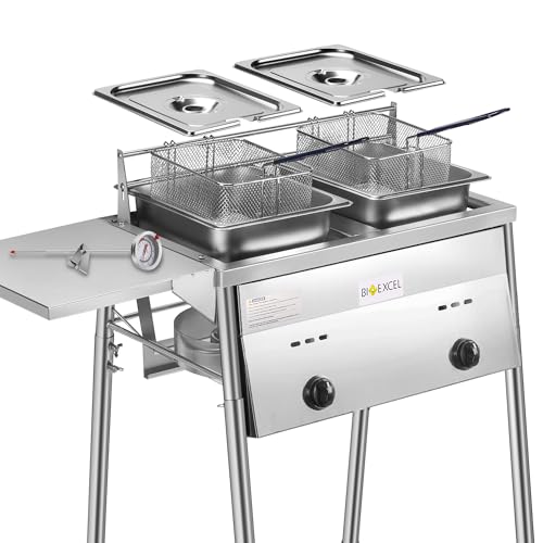 Bioexcel Two Tank Outdoor Deep Fryer with Thermometer Fish Fryer, CSA Certified Propane Deep Fryer with 2 Stainless Steel Baskets and Lids Gas Deep Fryer with Adjustable Temperature Regulator