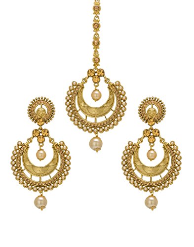 Bindhani Bollywood Fashion Faux Pearl Drop Forehead Maang Tikka With Indian Earrings For Women (Gold)