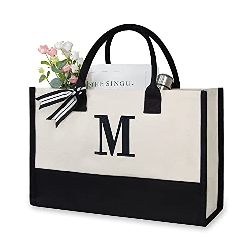 TOPDesign Embroidery Initial Canvas Tote Bag, Personalized Present Bag, Suitable for Wedding, Birthday, Beach, Holiday, is a Great Gift for Women, Mom, Teachers, Friends, Bridesmaids (Letter M)