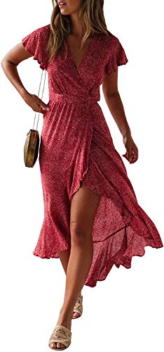 ZESICA Women's 2024 Bohemian Floral Printed Wrap V Neck Short Sleeve Split Beach Party Maxi Dress,Urban Redfloral,Large