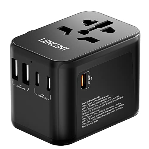 LENCENT Universal Travel Adapter, GaN III 30W International Charger with 2 USB Ports & 3 USB-C PD Fast Charging Adaptor, Worldwide Wall Charger for iPhone,Laptops, Type A/C/G/I (USA/UK/EU/AUS)