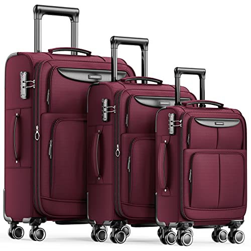 SHOWKOO Luggage Sets 3 Piece Softside Expandable Lightweight Durable Suitcase Sets Double Spinner Wheels TSA Lock Wine Red (20in/24in/28in)