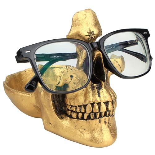 Mrlikale Skull Glasses Stand Holder, Creative Eyeglasses Holder, Sunglasses Spectacle Display Rack, Key Holder Resin Sculptures for Entryway, Home, Office, Desk, Nightstand (Gold)