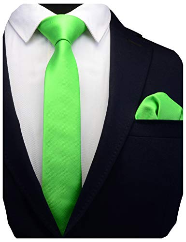 GUSLESON 2.4' Slim Necktie and Handkerchief Set For Men Solid Lime Green Skinny Tie Set for Wedding (0754-35)