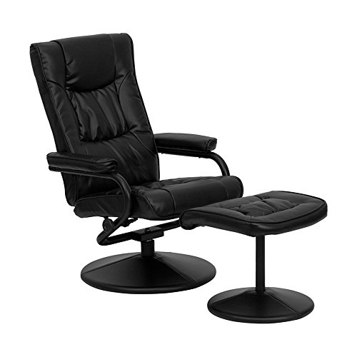 Offex Contemporary Black Leather Recliner and Ottoman with Leather Wrapped Base