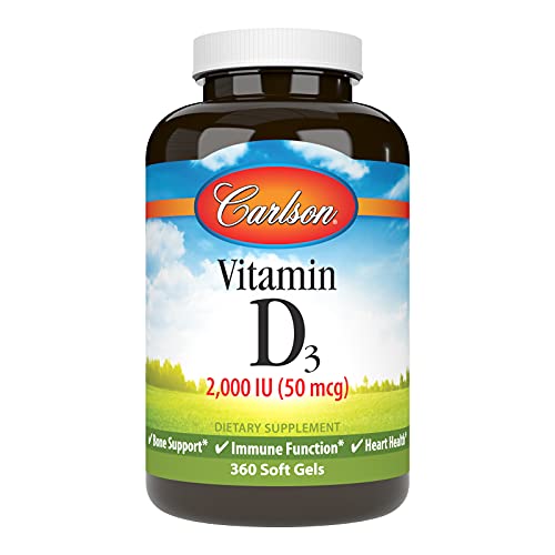 Carlson - Vitamin D3, 2000 IU (50 mcg), Bone & Immune Health, Vitamin D Supplements, Cholecalciferol Supplement, Gluten Free Vitamin D Capsules, 360 Softgels