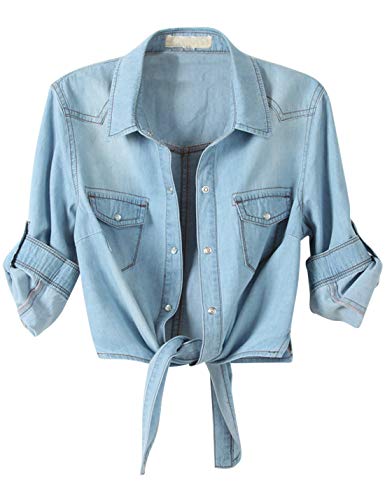 Omoone Women's 3/4 Sleeve Denim Crop Top Tie Knot Shirt Cardigan (0774-Light Blue-M)