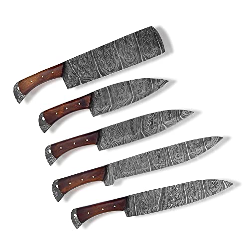 JS Damascus Kitchen Knife Set - Custom Handmade Damascus Steel Chef Set 5 Pc's Kitchen Knife Set(CF 002)