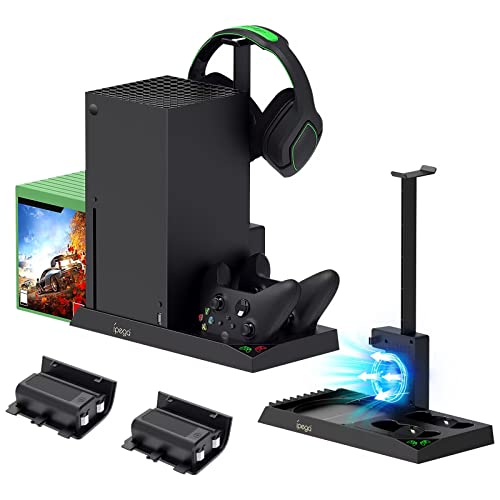 Vertical Cooling Stand for Xbox Series X, Dual Controller Charging Dock Station for Xbox Series X Cooler Cooling Fan with 2 Pack 1400mAh Rechargeable Batteries, 10 Games Storage and Headset Stand