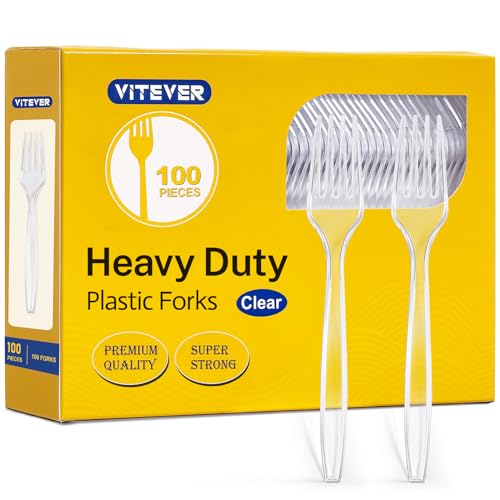 [100 Count] Clear Plastic Forks Heavy Duty, Premium Disposable Forks, Durable Plastic Cutlery for Parties, Picnics, Big Event, Daily Use - Heat Resistant & BPA Free
