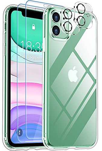 SPIDERCASE for iPhone 11 Case, [Crystal Clear Not Yellowing] [with 2 Pcs Tempered Glass Screen Protector & 2 Pcs Camera Lens Protector] Slim Phone Case for iPhone 11 6.1 inch Crystal Clear