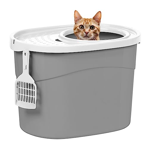 IRIS USA Oval Top Entry Cat Litter Box with Litter Catching Lid, Privacy Walls and Scoop, Gray/White