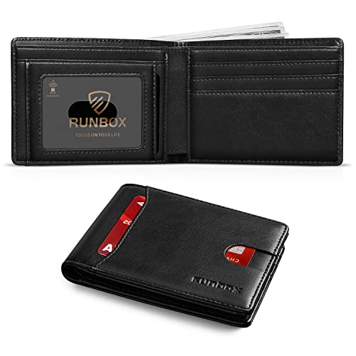 RUNBOX Wallet for Men Slim 11 Credit Card Holder Slots Leather RFID Blocking Small Thin Men's Wallet Bifold Minimalist Front Pocket Large Capacity Gift Box Black