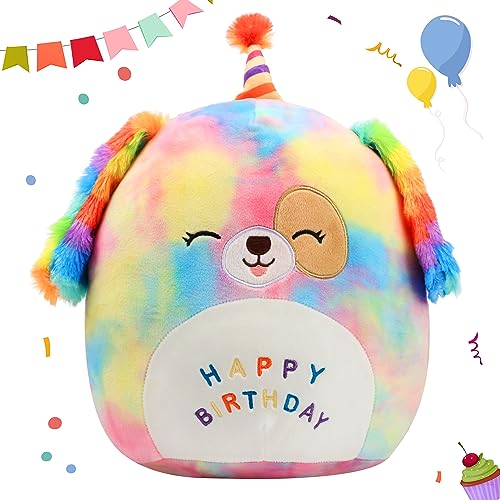 Easfan Original 12’’ Rainbow Birthday Dog Plush Pillow Soft Puppy Plush Toy Cute Dog Stuffed Animal Birthday Gift for Kids Toddlers
