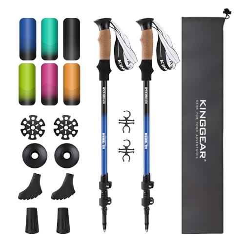 KINGGEAR Walking Stick for Hiking - Adjustable Quick Flip Lock Trekking Poles, Collapsible, Lightweight 7075 Aluminum, Natural Anti-Sweat Cork Grips, All Terrains