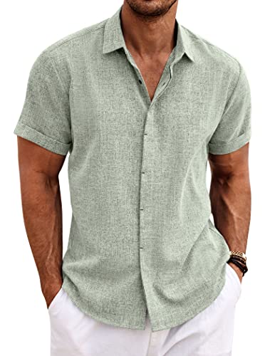 COOFANDY Men's Casual Button Down Shirts Linen Untucked Business Fitted Casual Shirt Short Sleeve Light Green
