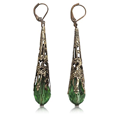 Indian Ethnic Vintage Silver Crystal Teardrop Dangle Drop Earrings Boho Gypsy Retro Rhinestone Hook Earrings for Girls and Women Love Gift (Green)