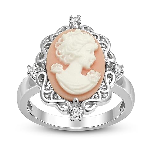 Jewelili Pink Cameo Ring in Sterling Silver with Round Created White Sapphire, Size 7