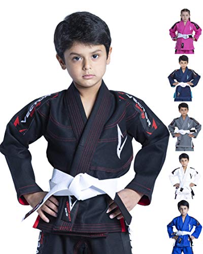 Vector Sports 100% Cotton Pearl Weave Kids Brazillian Jiu Jitsu BJJ Gi Attila Series Kimono Lightweight Preshrunk Fabric with Free White Belt (Black, K2)