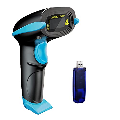 NADAMOO Wireless Barcode Scanner 328 Feet Transmission Distance USB Cordless 1D Laser Automatic Barcode Reader Handhold Bar Code Scanner with USB Receiver for Store, Supermarket, Warehouse - Blue