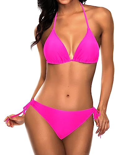 Tempt Me Women Hot Pink Triangle Bikini Sets Halter Two Piece Sexy Swimsuit String Tie Side Bathing Suit S
