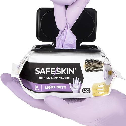 SAFESKIN Nitrile Disposable Gloves, 50-Count Pack, Light Duty, Medium Size, Powder Free - For Food Handling, First Aid, Hair Coloring, Baby and Pet Care - Premium Medical Exam Gloves