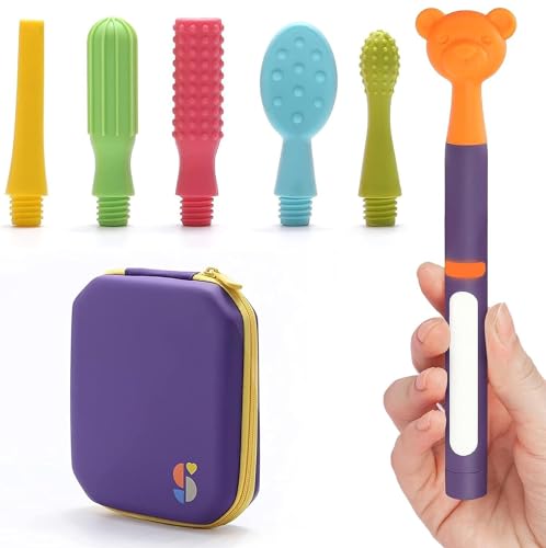 Special Supplies Buzz Buddy Oral Stimulation kit with 6 Soft Textured Interchangeable Heads, Calm Sensory Needs, Support Speech, and Stimulate Self Feeding, Gentle Vibrations (Purple)