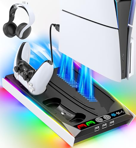 PS5/ PS5 Slim Stand for Disc & Digital Console, PS5 Cooling & Charging Station with 3-Level Fan & RGB LED, PS5 Controller Charger for PS5 & Edge Controller, PS5/Slim Accessories with 3 Charging Ports